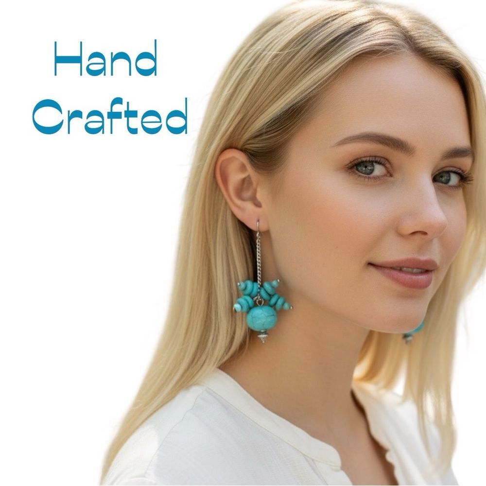 Hand Crafted Teal Howlite Beaded Earrings Set NWT
